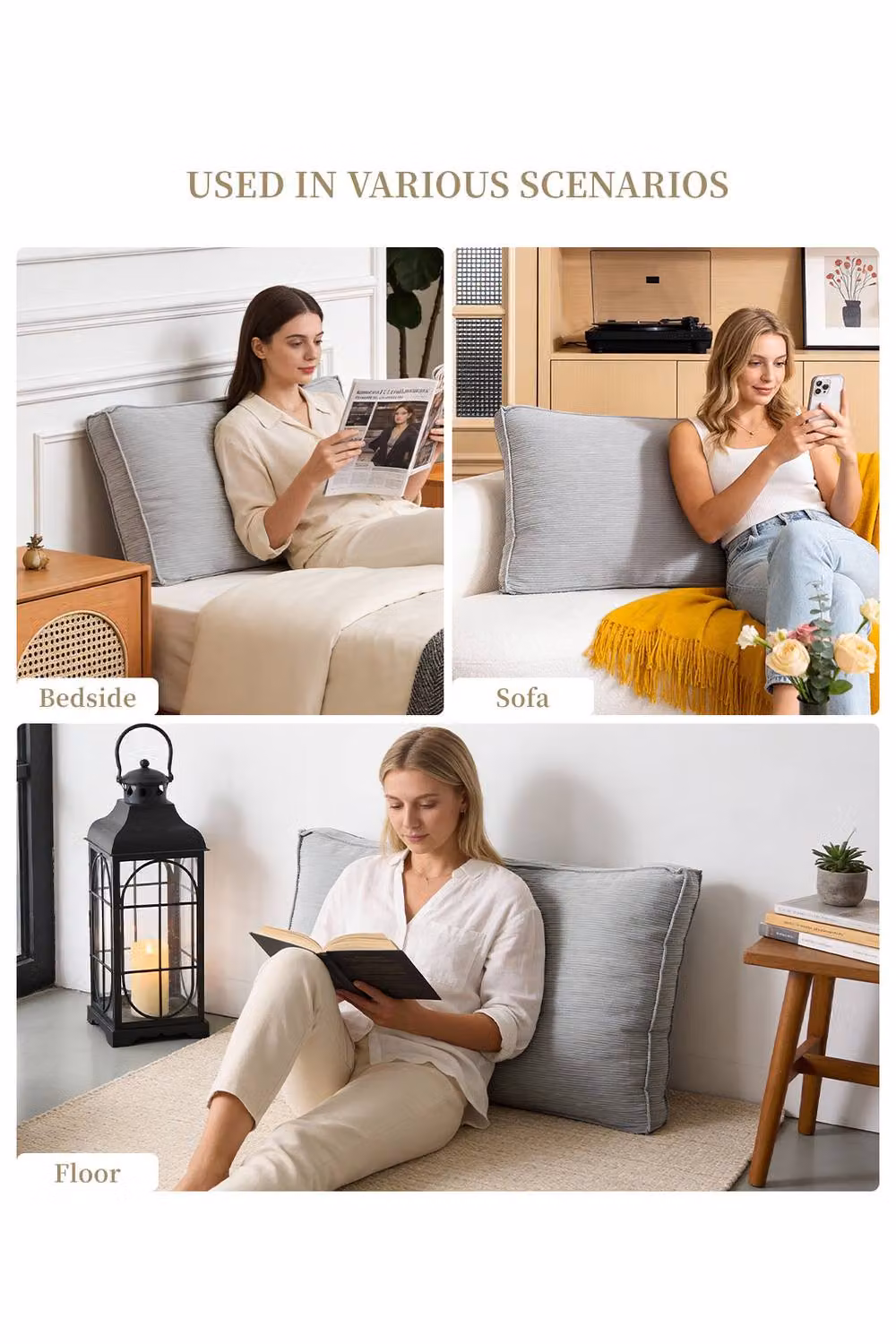 Living and Home Soft Corduroy Bedside Reading Headboard Pillow in Grey, Medium – 4
