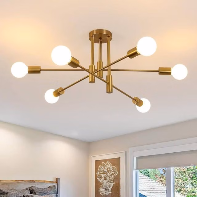 Pheashine Gold 6-Light Semi-Flush Ceiling Light with Adjustable Arms and E27 Sockets, Diameter: 50 cm – 1
