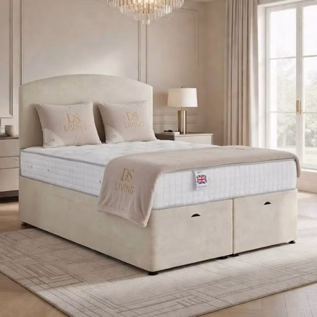 DS Living Opulence Cream Velvet Upholstered Ottoman Bed with Lift Up Base, W/D/H: 200 x 200 cm