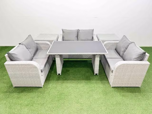 Fimous 6 Seater Modern Rattan Garden Furniture Set with 2 Side Tables in Light Grey