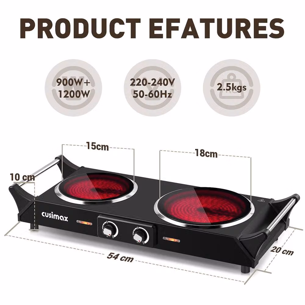 Cusimax Portable Dual Ceramic Hot Plate with Handle, Black – 3