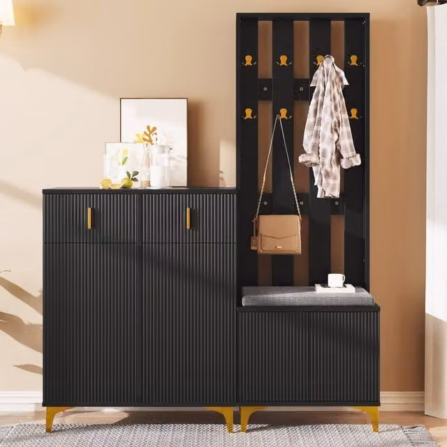 Rolipo Black Modern Wardrobe Set with Shoe Bench and Gold Hooks