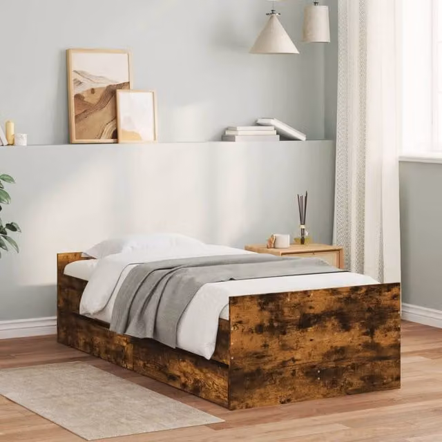 Berkfield Home Modern Bed Frame with Drawers in Smoked Oak Brown, W/D/H: 100 x 200 cm – 1