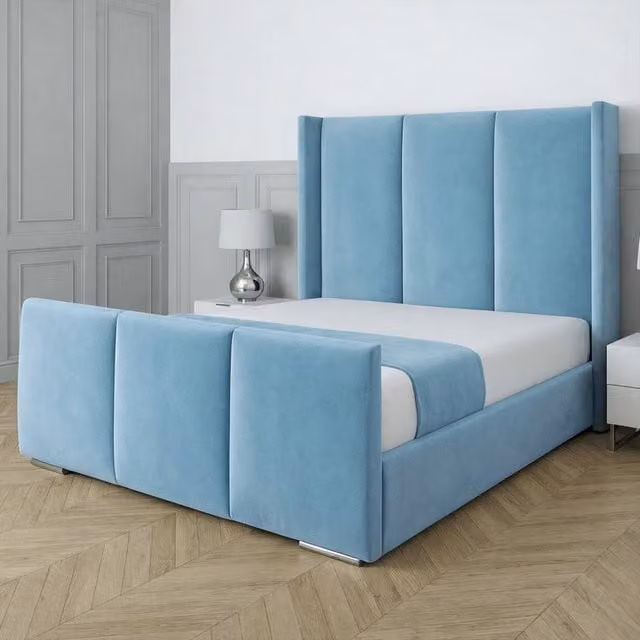 UK Bed Furniture Miami Wingback Upholstered Velvet Bed in Blue, Size: 180 x 200 cm