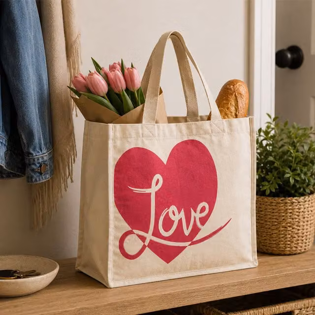 Orsina Love Reusable Shopping Tote Bag with Heart Print in Red, Beige and Pink, W/D/H: 40 x 35 x 15 cm – 5