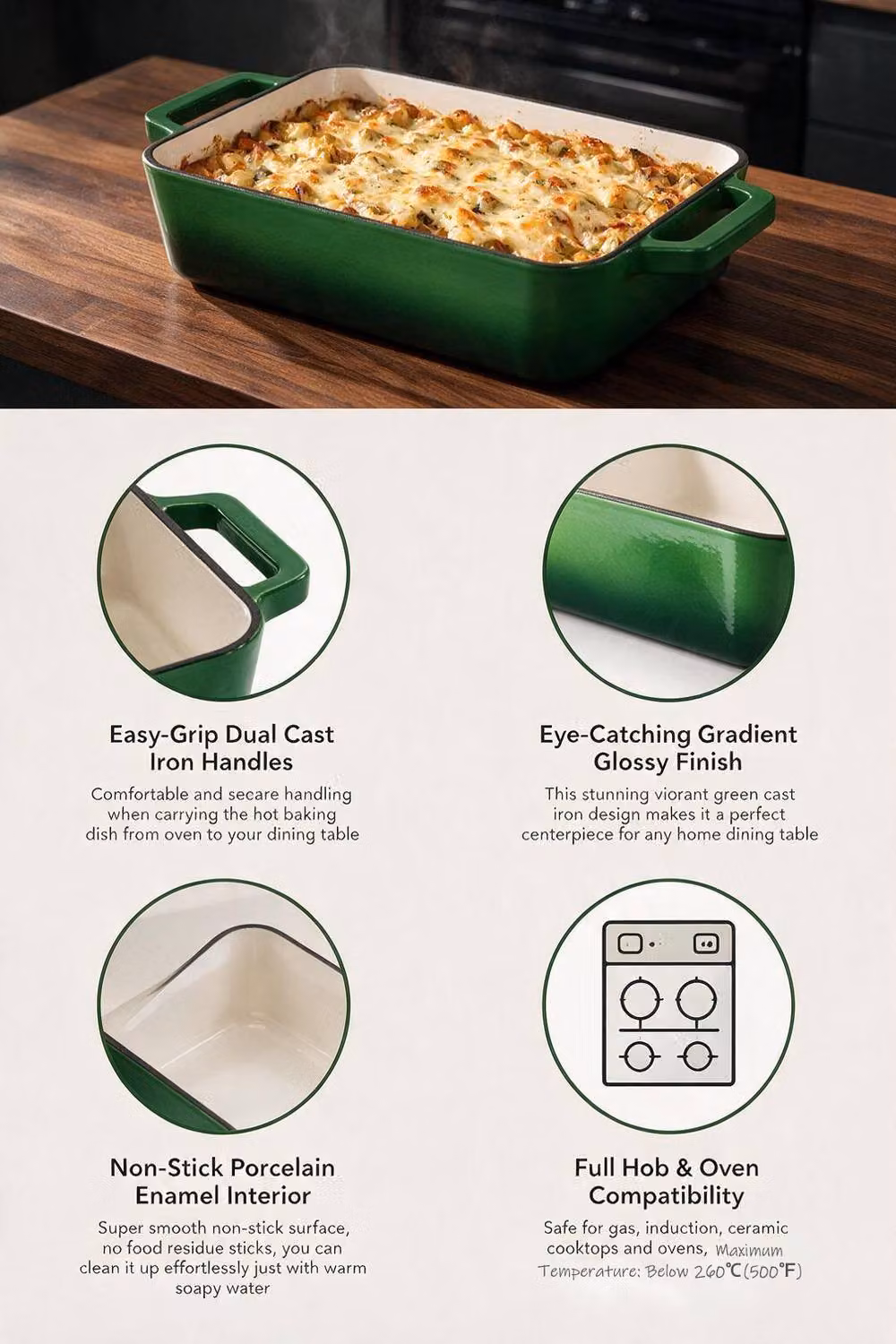 ExtraStar Enamelled Cast Iron Rectangular Casserole Dish with Handles, Green – 4
