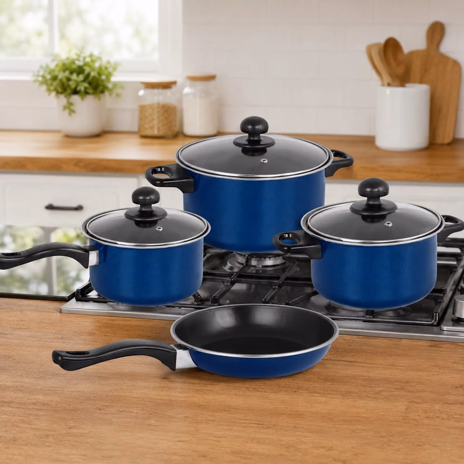 Gr8 Home 7 Piece Non Stick Carbon Steel Cookware Set with Glass Lids in Blue – 3