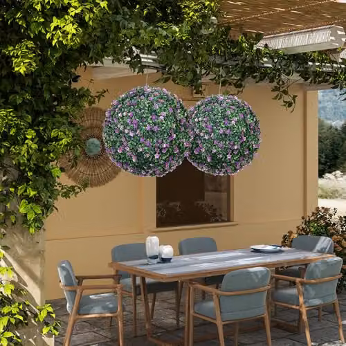 HOMCOM Set of 2 Purple Artificial Hanging Topiary Balls with Floral Accents, 40 cm – 6