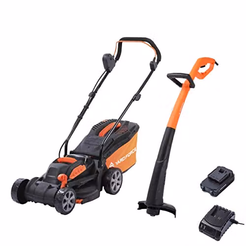 Yard Force CR20 20V Cordless Lawn Mower and Grass Trimmer Set in Black and Orange with 33cm Cutting Width, 30L Collection Bag, Rechargeable Battery and Charger Included – 1