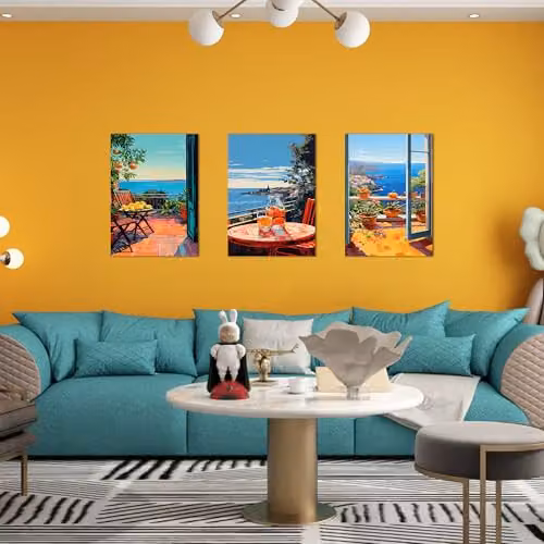 Simpa 3 Panel Canvas Wall Art Terrace Ocean Views Multicolour Landscape Nature Decor W/H: 60 x 40 cm – 3