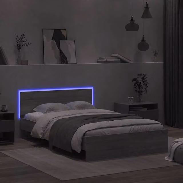 Berkfield Home Durable Bed Frame with Headboard and LED Under-Bed Lighting, Grey Sonoma, W/D/H: 120 x 200 x 125 cm – 1