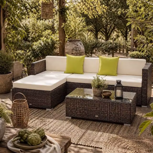 Wyld Haus Milo 4 Seater Rattan Corner Sofa Set in Brown with Beige Cushions – 1