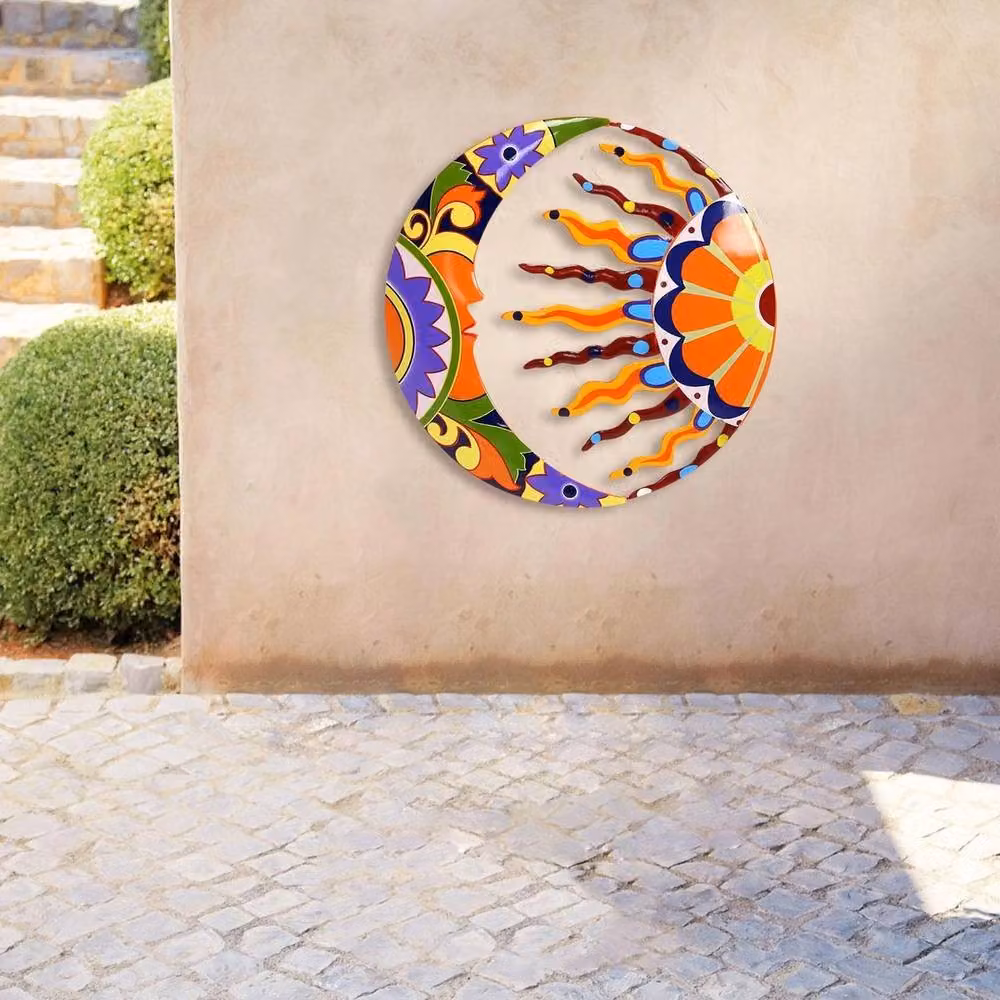 NESTLUNE Multicolour Sun and Moon Metal Wall Art Hanging Garden Ornament, W/H: 100 x 15 cm – 3