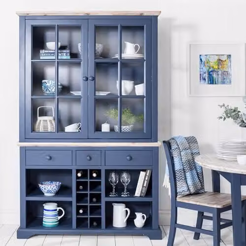 Statement Furniture Florence Sideboard in Navy Blue with Acacia Wood Top, 3 Drawers, 4 Storage Baskets and Wine Rack, W: 120 cm, H: 85 cm, D: 42 cm – 5