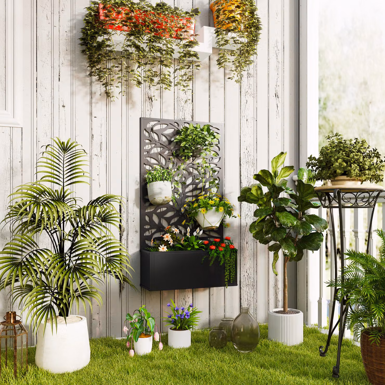 Outsunny Metal Outdoor Planter with Back Trellis in Black – 2