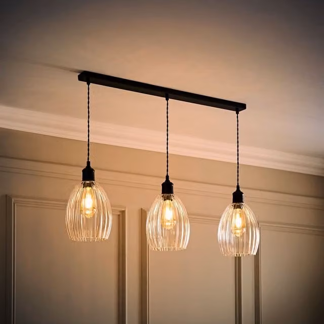 ValueLights Cheltenham 3 Drop Bar Ceiling Light with Black Ribbed Glass Dome Shades and Bulbs