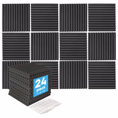 Harbour Housewares 24x Black Foam Acoustic Panels with Adhesive, H x W x D: 2.5 x 30 x 30 cm