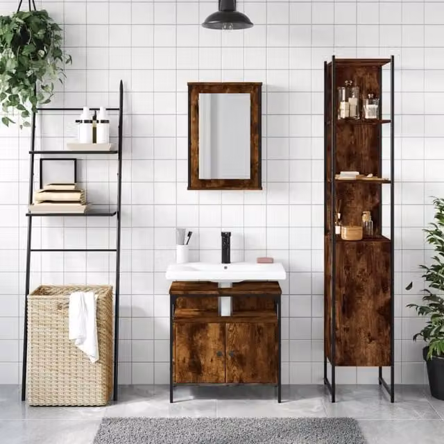 Berkfield Home 3 Piece Industrial Bathroom Furniture Set in Brown Smoked Oak – 1
