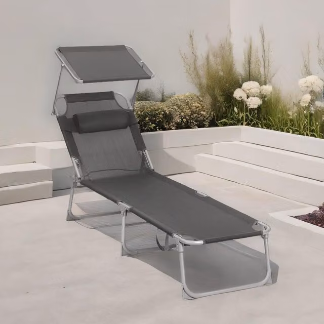 FURNOS Folding Sun Lounger with Sun Canopy and Adjustable Headrest in Dark Grey