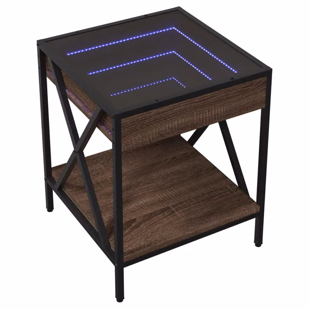 Berkfield Home Infinity LED Bedside Table in Brown Oak with Mirror Top, W/D/H: 40 x 40 x 49 cm – 3