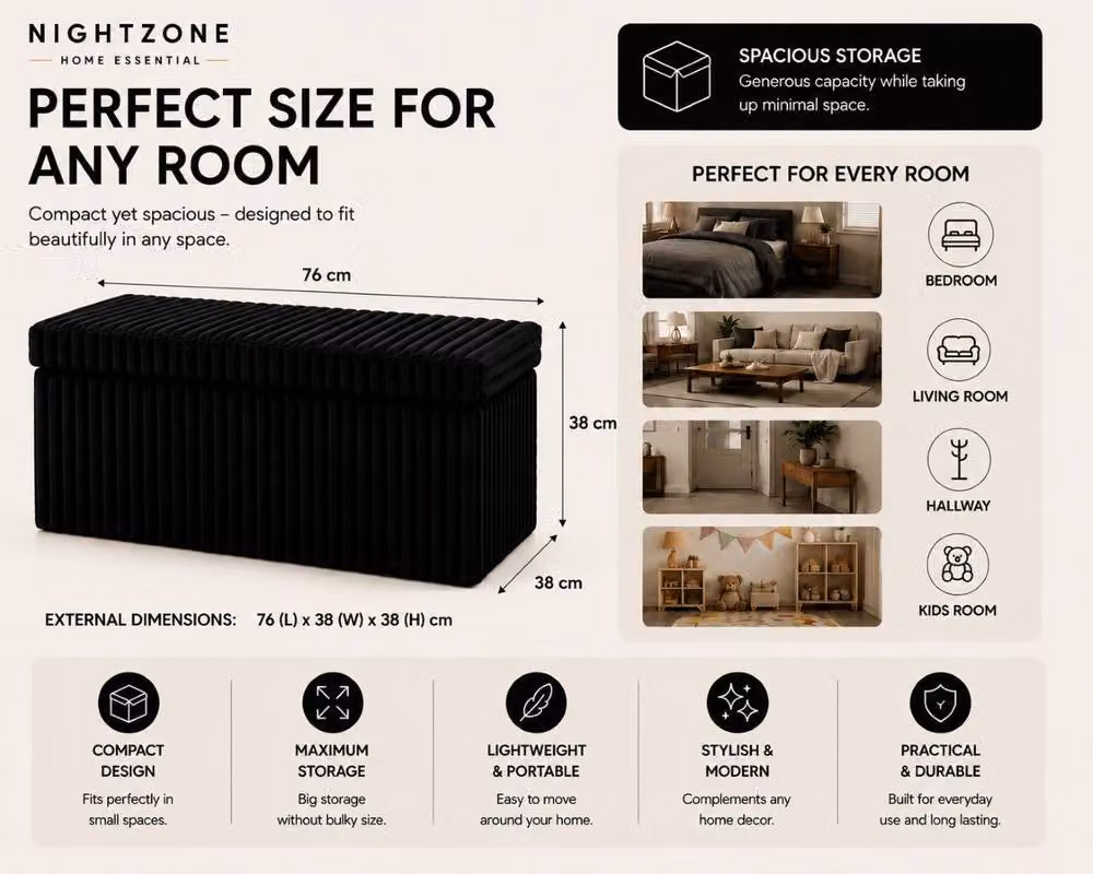 Homes-Linen Corduroy Ribbed Foldable Storage Ottoman in Black, W: 78 cm, D: 38 cm, H: 38 cm – 2