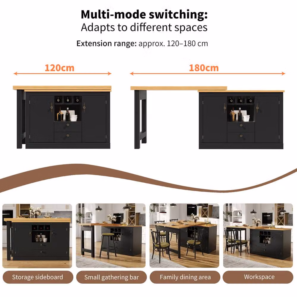 Rolipo Extendable Kitchen Island and Rotating Bar Table with Storage in Matt Black – 5