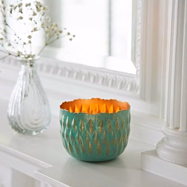 Paper High Geometric Metal Tea Light Holder in Turquoise and Gold