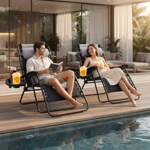 Alivio Set of 2 Padded Gravity Sunloungers in Black with Cup Holders and Side Tray