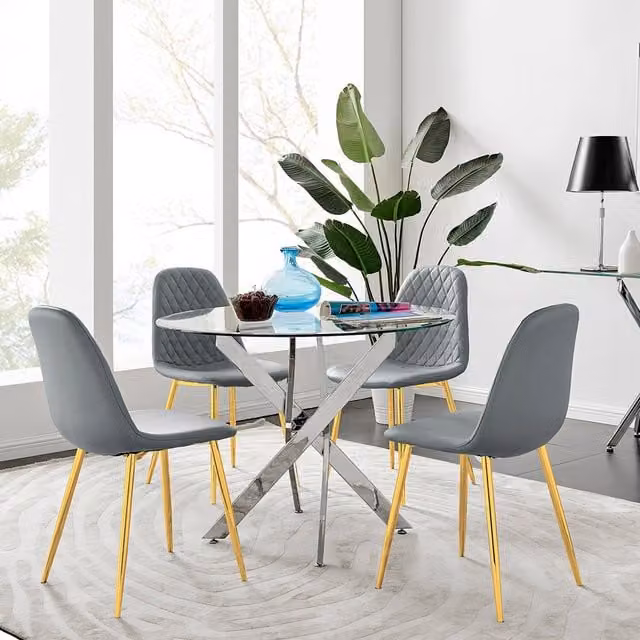 FurnitureboxUK Novara Round Glass Dining Table with 4 Corona Gold Leg Chairs in Grey and Silver