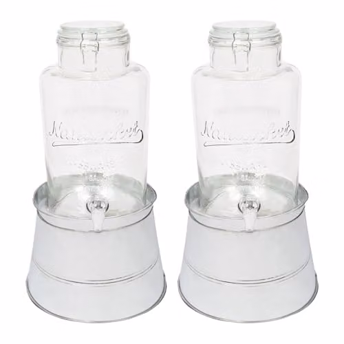 Rink Drink Glass Drinks Dispensers with Taps and Bucket Stands, 6.5L, Pack of 2, Silver and Transparent