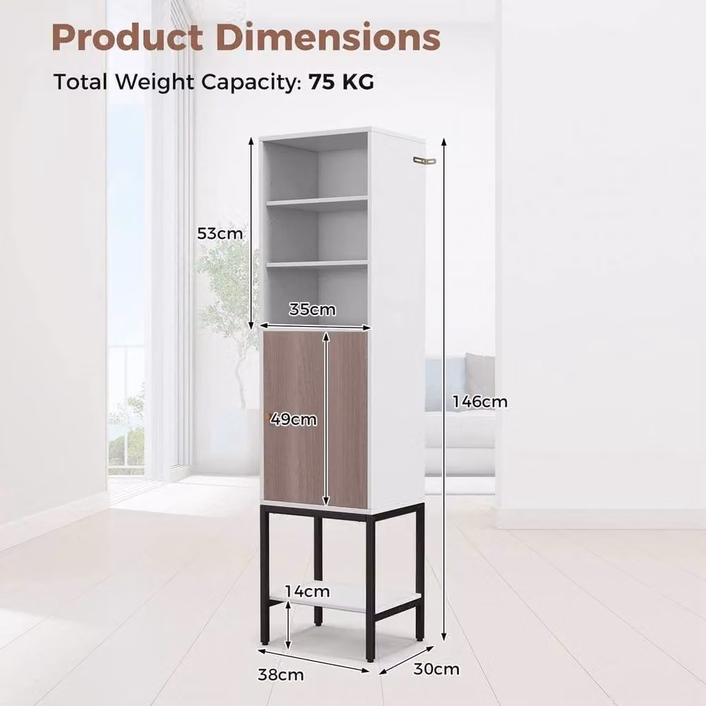 EONLION Tall Freestanding Storage Cabinet in White, H 146 x W 38 x D 30 cm – 2