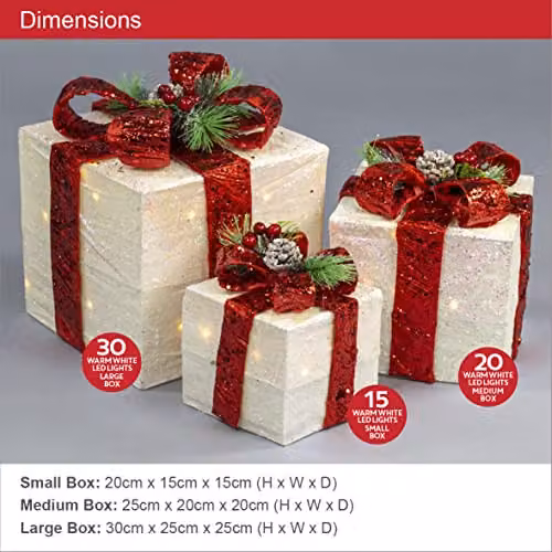 The Christmas Workshop Set of 3 Light-Up Christmas Boxes with Red Bow, White and Red, featuring 65 Warm White LED Lights and Timer Functionality – 2