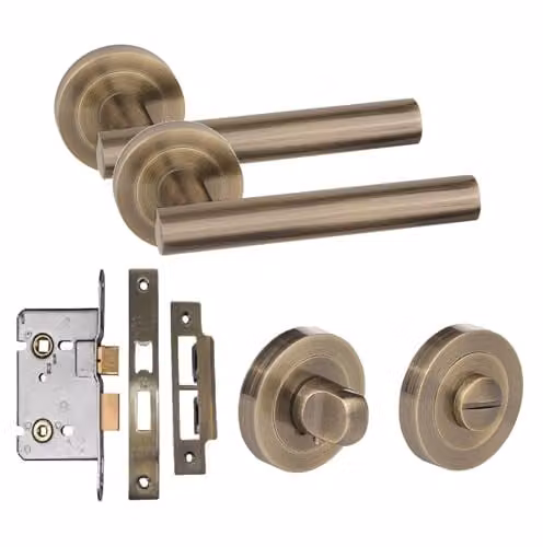 Golden Grace T-Bar Bathroom Door Handle Lock Set in Antique Brass and Gold Metal