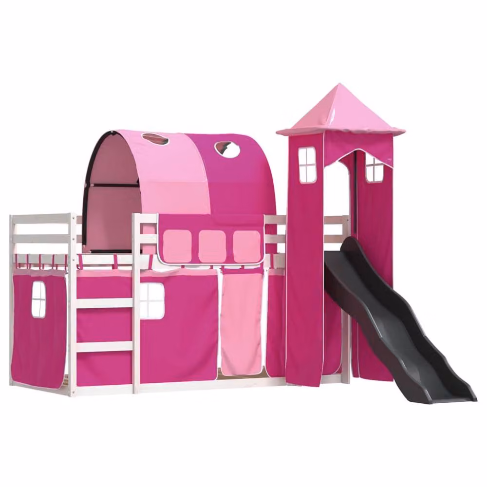 Berkfield Home Pink Solid Wood Childrens Bunk Bed with Slide and Curtains W/D/H: 90 x 200 cm – 3