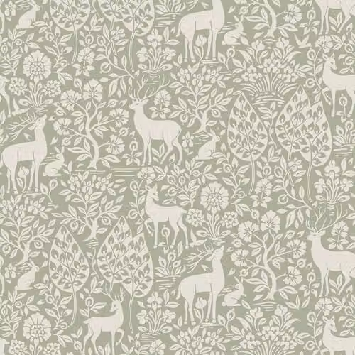 Holden Decor Deer and Woodland Themed Arts and Crafts Style Wallpaper in Sage Green – 1