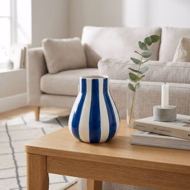 Garden Greatness Aura Blue Stripe Decorative Ceramic Vase, Multicolour, H 14.0 cm x W 12.0 cm x D 12.0 cm
