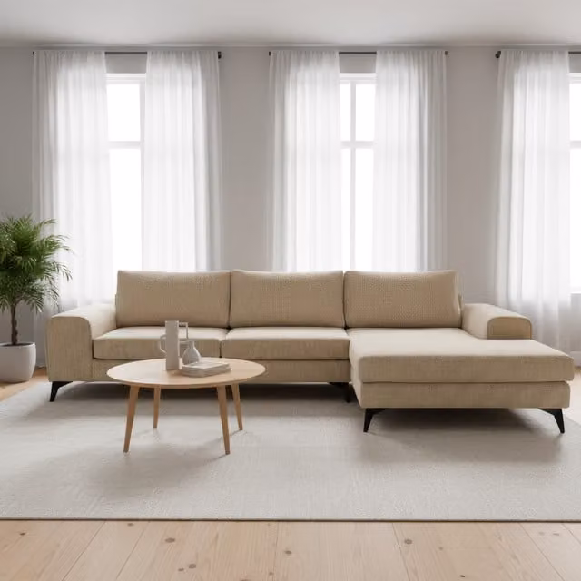 Abakus Direct Venice L-Shape Corner Sofa in Beige and Yellow Geometric Fabric, Right-Hand Facing