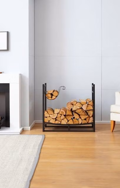 Neo Black Freestanding Metal Indoor Firewood Log Rack with Hooks in Matt Black