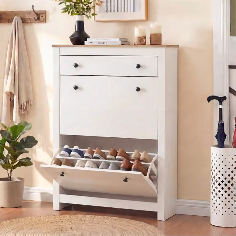 Modern 2 Door Slim White Shoe Cabinet with Internal Drawers and Shelves
