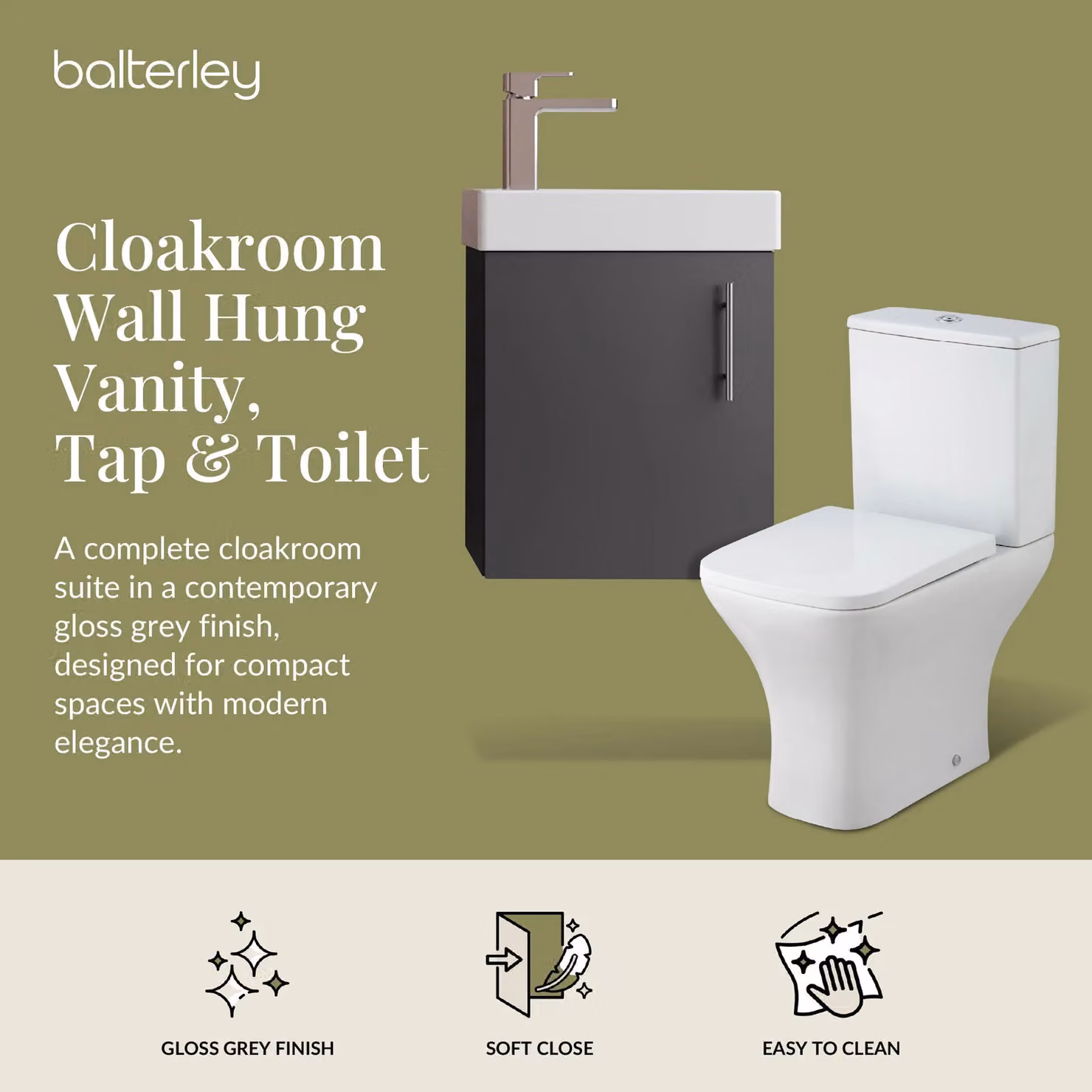 Balterley Wall Hung Vanity, Toilet, Cistern, Seat and Mini Tap Set in Gloss Grey and Chrome with Black Details – 2