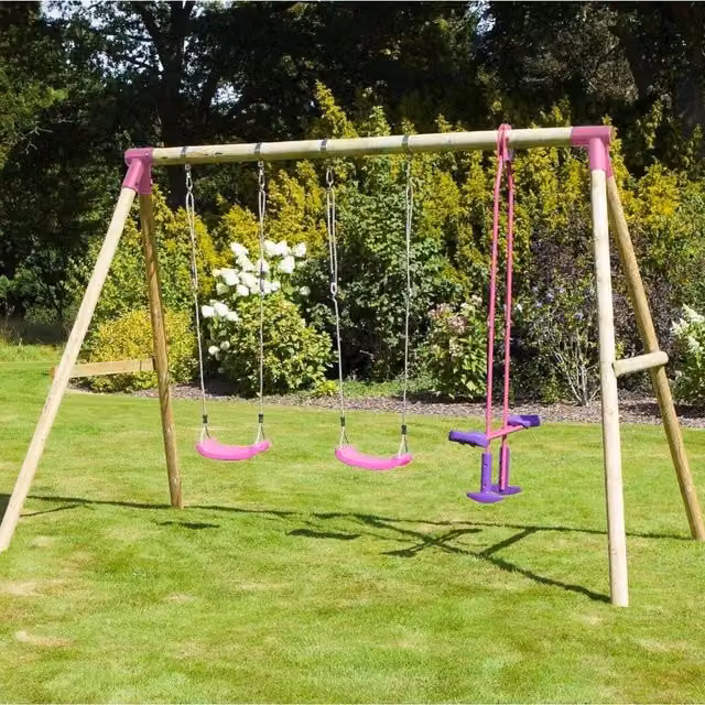 Rebo Neptune Wooden Triple Swing Set with Glider in Pink