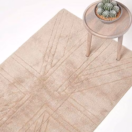 Homescapes Cotton Hand Tufted Union Jack Plain Embossed Rectangular Rug in Beige, W: 50 cm, D: 80 cm