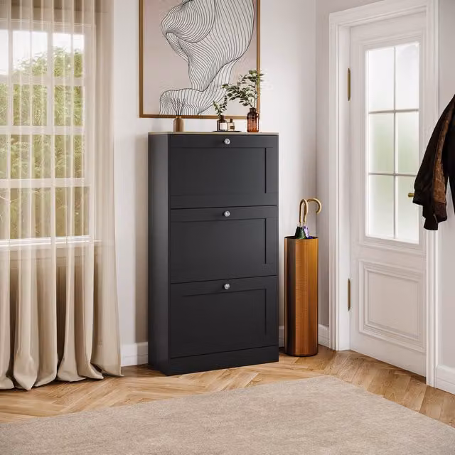 Vida Designs Modern Black and Oak Shoe Cabinet with Tilting Compartments W/D/H: 58 x 24 x 117 cm