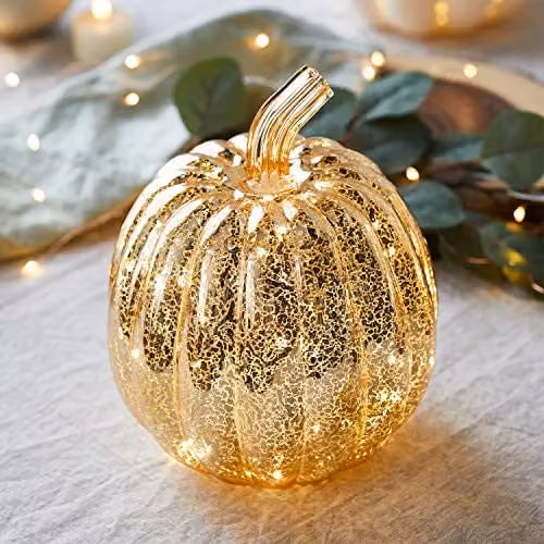 Lights4fun Gold Mottled Glass Pumpkin Battery Operated LED Autumn and Halloween Tabletop Decoration, Height: 21 cm
