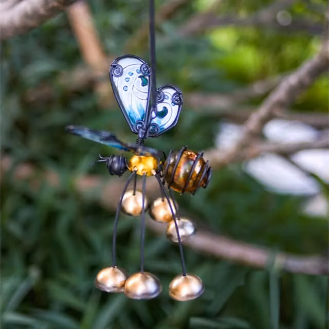 Betley Butterfly Garden Bee Glass Wings with Bobbin Bells Honeybee Tree Hanger in Gold