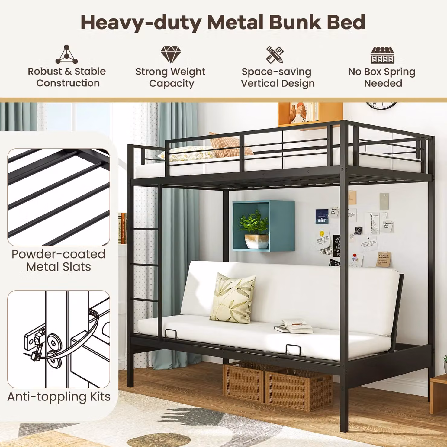 Gymax Single Over Futon Bunk Bed with Ladder and Bedside Shelf, Black – 7