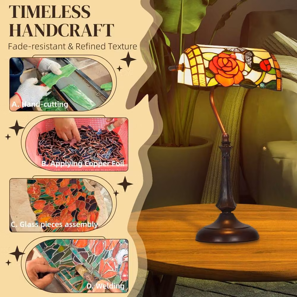 Wyld Haus Tiffany Style Rose and Butterfly Table Lamp with Bronze Tone Base and Multicolour Glass – 5