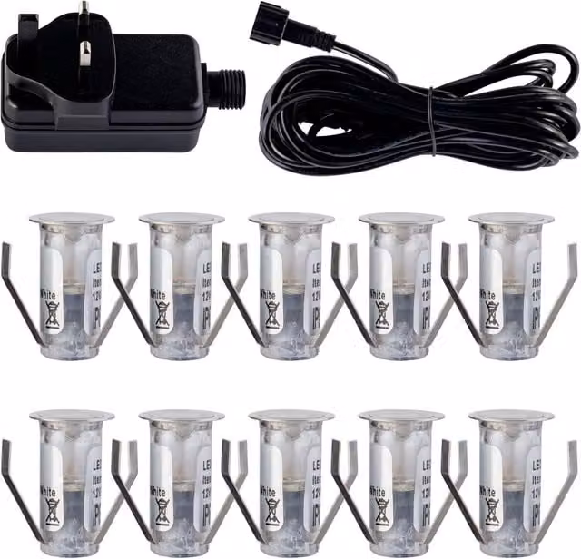 First Choice Lighting Set of 10 Cool White LED Decking Kit, 15mm Stainless Steel, IP67, Silver