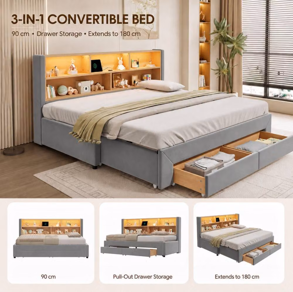 STILVORA Grey Velvet Upholstered Single Day Bed with LED Headboard, USB Charging Port and Drawers, W/D/H: 90 x 190 x 82.5 cm – 5