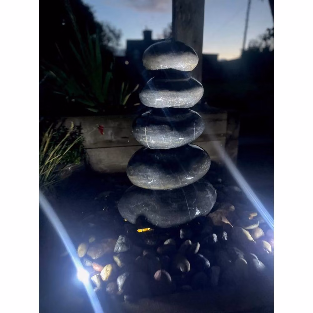 Buttercup Farm Stacked Polished Pebbles Water Feature with Pump and Light in Black – 2